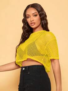 SHEIN SXY Solid Color Hollow Out Round Neck Loose Short Sleeve Top - Yellow - View 5