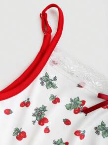 Sweetra Women's Splicing Lace Strawberry Printed Fish Tail Hem Cami Dress - White - View 5
