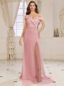 SHEIN Belle 女士不对称褶皱正式晚礼服，高侧开衩正式舞会礼服 - 粉色 - 查看 6