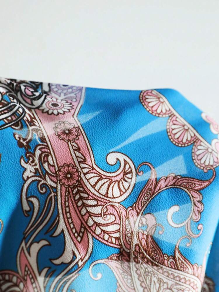 Plus Size Peplum Hem See-Through Long Sleeve Belted Dress With Paisley Print On Chiffon Fabric