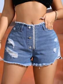 SHEIN SXY Fashionable Frayed Ripped Denim Shorts