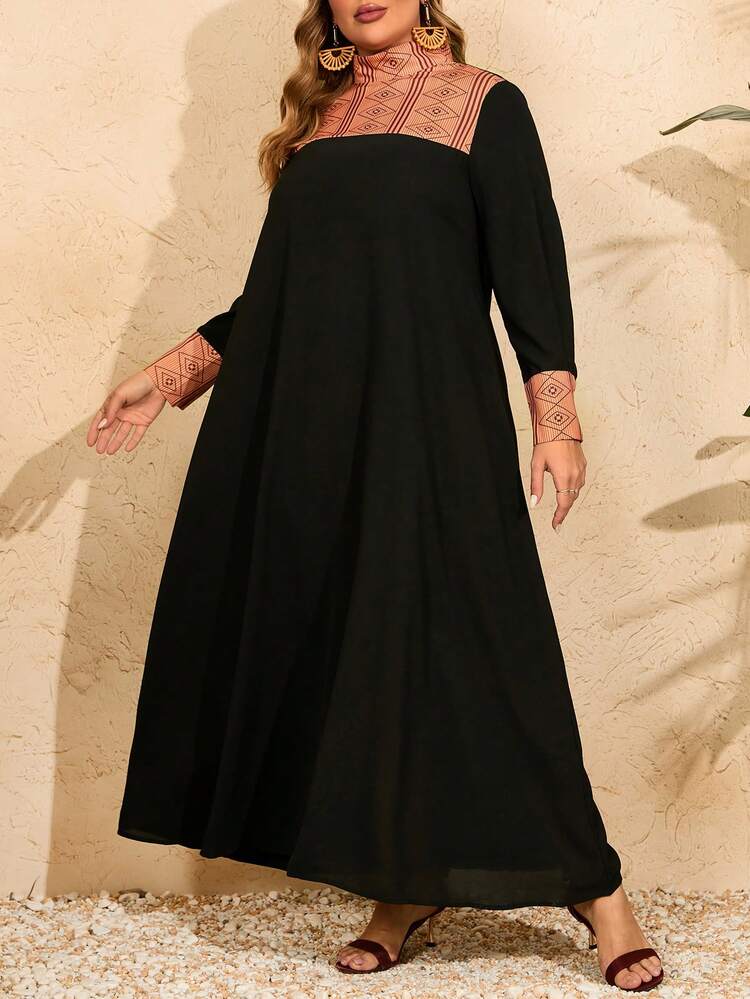 Plus Size Women's Geometric Print Stand Collar Long Sleeve Arabian Clothing