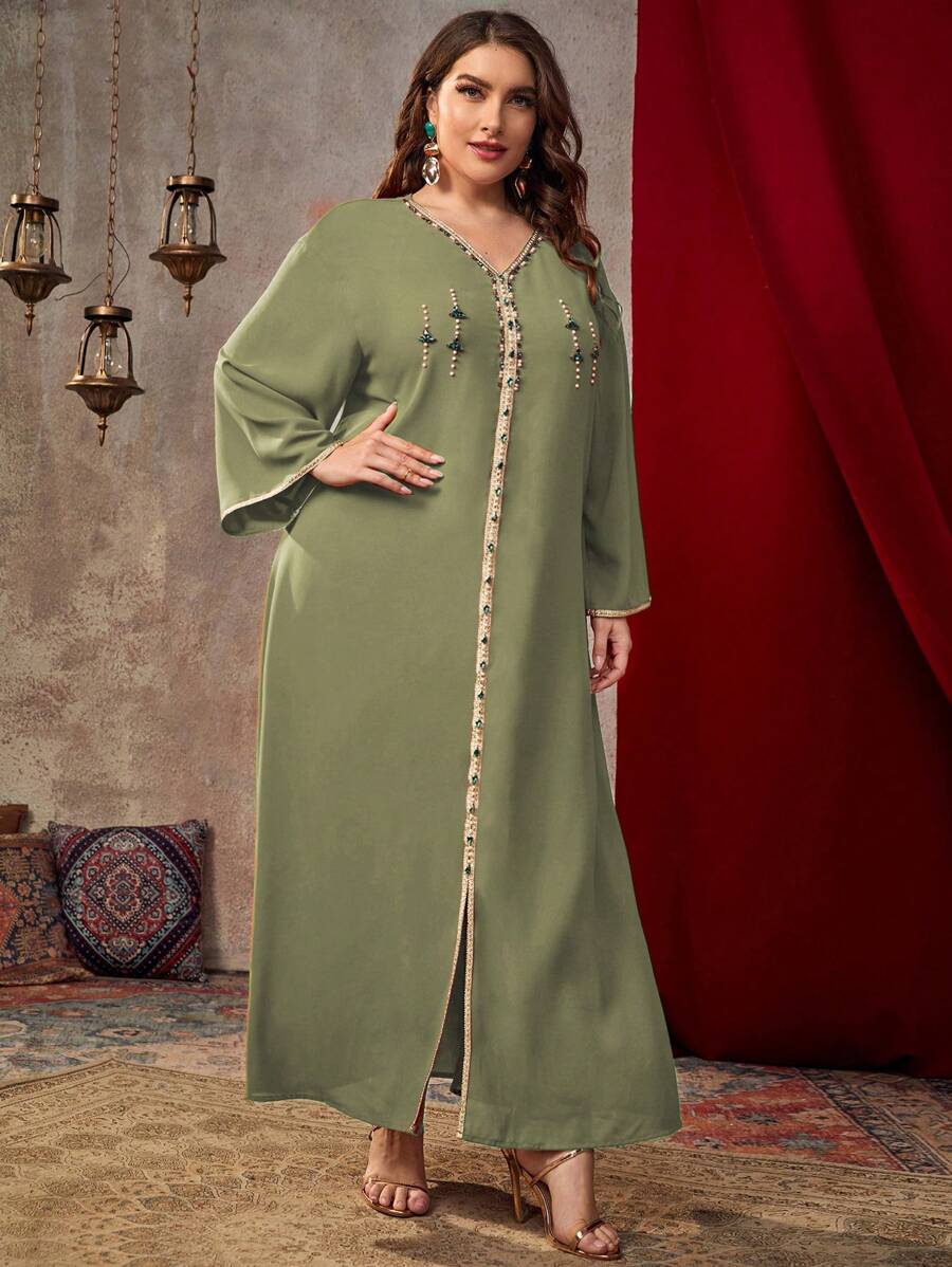 Al Najma 大码女式长袖拼布编织束带连衣裙，适合圣诞节超长女装 - 綠色 - 查看 1