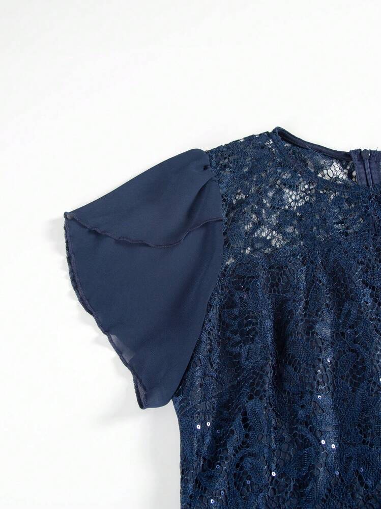 Damesfeestjurk, ronde hals, korte mouwen, taille met ruches, kant en patchwork, effen kleur, bruidsmeisjesjurk, kanten decoratie, bruidsmeisjesjurk, trouwjurk, cocktailparty, formele dansbal, verlovingsjurk met pailletten, voor Valentijnsdag - Donker blauw - Bekijken 7