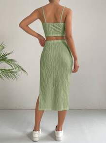 SHEIN EZwear Women's Texture Fabric Crop Top & High Slit A-Line Skirt Set With Spaghetti Straps - Army Green - View 2