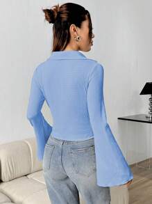 SHEIN Unity 純色鈕扣襯衫,波浪袖設計 - 藍色 - 查看 2