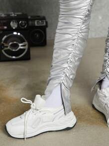 SHEIN 少女彈性PU皮革製褲子，帶有折邊和縫裂裝飾 - 銀色 - 查看 3