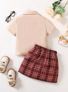 SHEIN 少女字母繡短袖襯衫與格紋裙子套裝 - 卡其色 - 查看 2