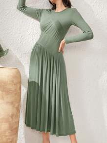 Seusyu Women's Round Neck Long Sleeve Dress - Olive Green - View 1