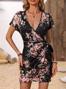SHEIN LUNE Women's Floral Printed Short Sleeve Belted Dress - Multicolor - View 6