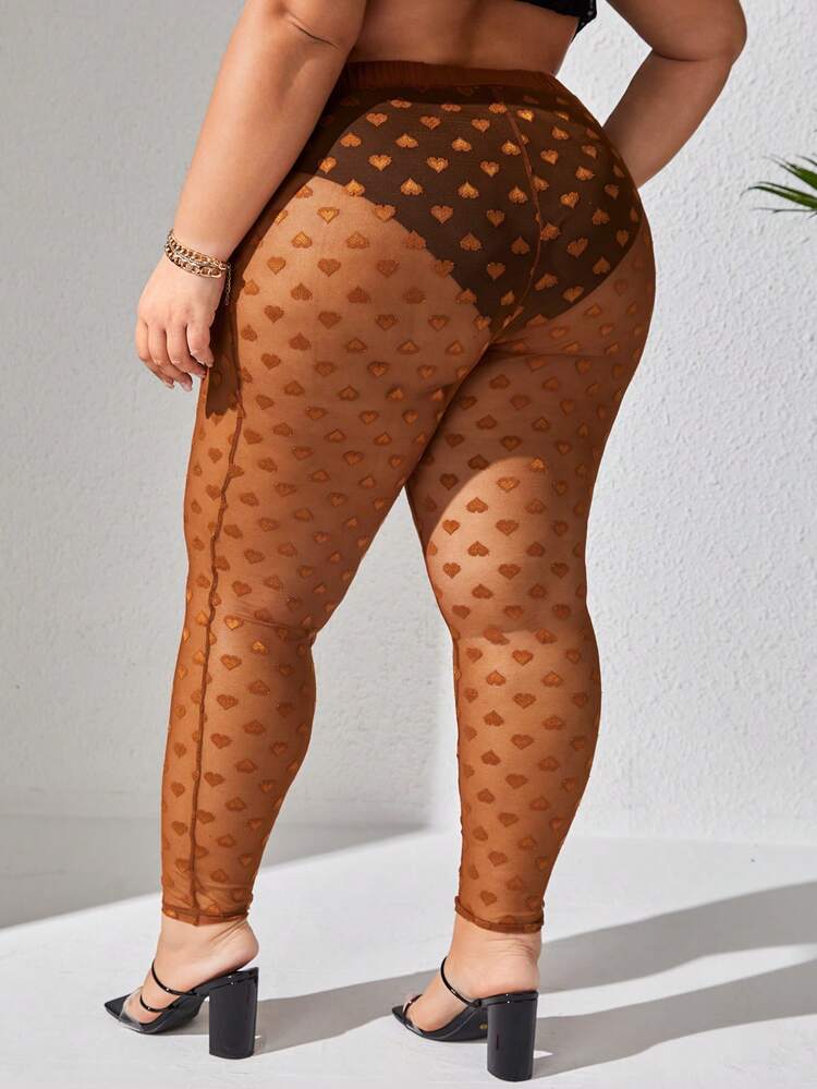 Plus Size Heart Pattern Sheer Mesh Leggings