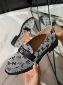 女士优雅蓝色绒面平底方头乐福鞋，配小金属扣装饰（鞋面纹理随机） - 灰色 - 查看 1