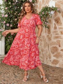 SHEIN VCAY Plus Size Vacation Ruffled Short Sleeve V-Neck Floral Dress - Multicolor - View 1