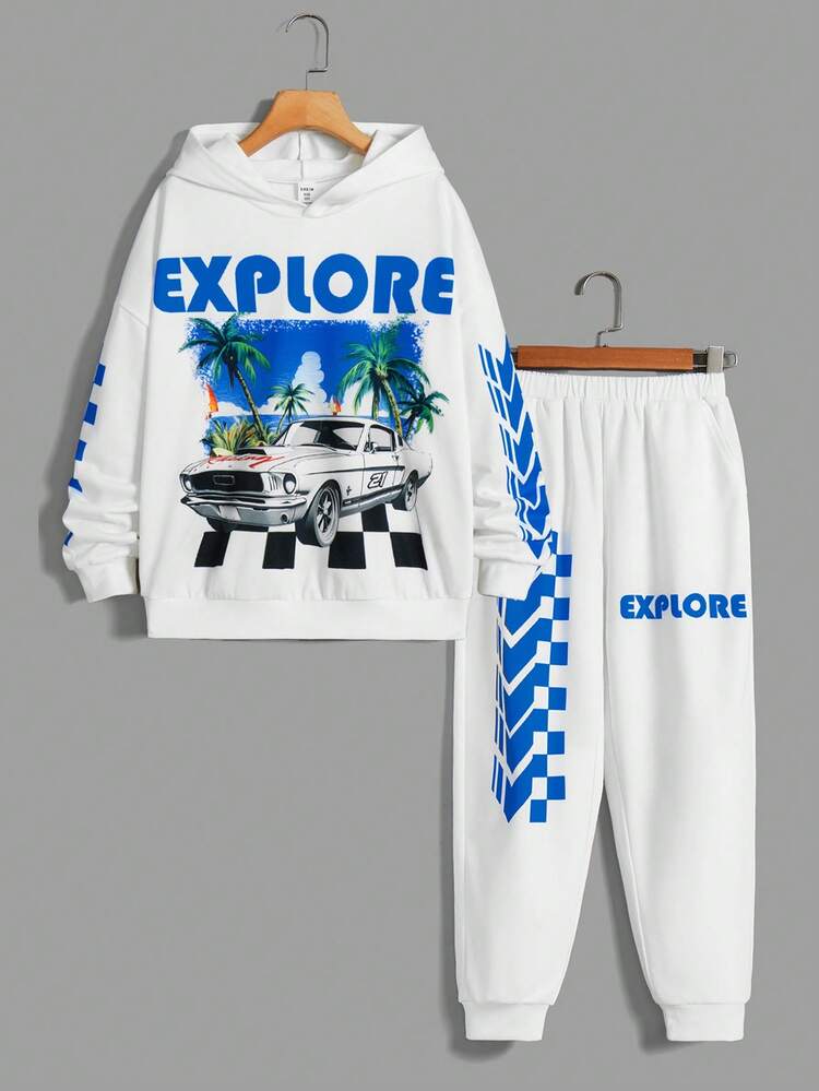 Boys' Tropical Coconut Tree Scenery Printed Hoodie And Sweatpants Knitting 2pcs Set, Holiday Beach Style