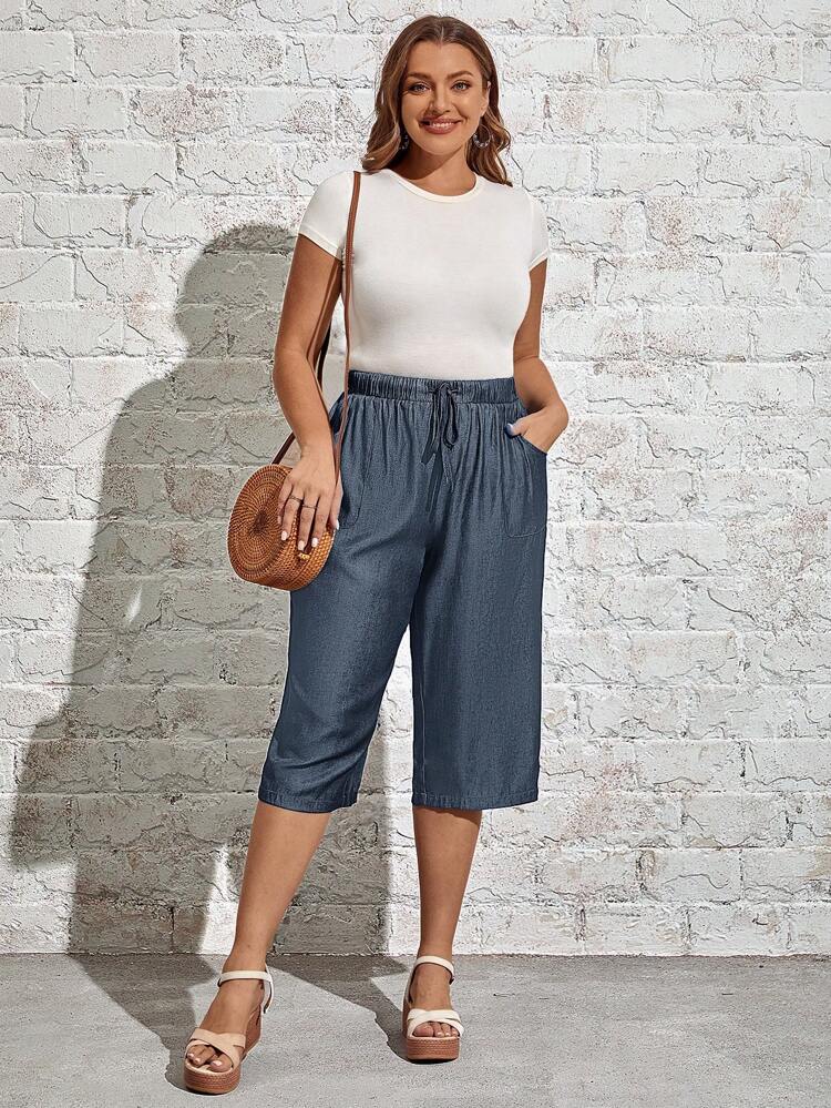 Plus Size Elastic Waist Tie Straight Leg Capri Pants