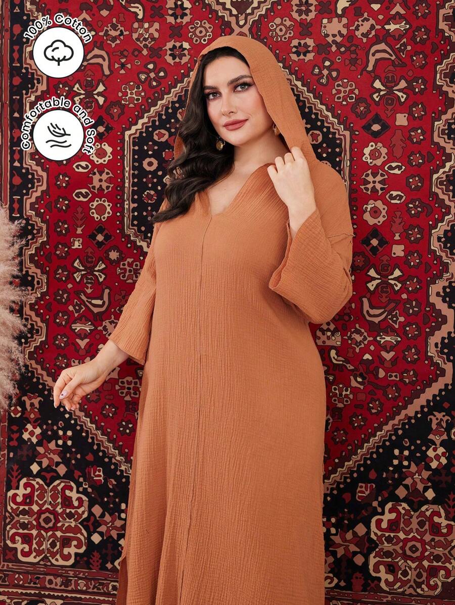 Seusyu Vestido Con Capucha Y Manga Acampanada En Talla Grande, De Color Sólido - Marrón - Ver 1