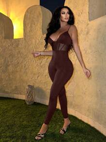 SHEIN SXY Enterizo/mono con tirantes y detalles de malla transparente para mujer - Marrón - Ver 4
