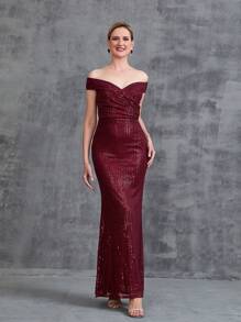 Của phụ nữ Off Shoulder Surplice cổ Kim sa Đầm Party - Màu Đỏ Sâu - Xem 5