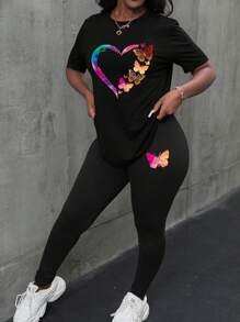 INAWLY 2 Piezas/set Atuendos De Camiseta De Manga Corta Con Cuello Redondo Y Pantalones Ajustados Con Patrón De Mariposas E Impresión De Corazones