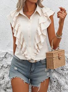 SHEIN LUNE Women's Solid Color Single Breasted Shirt With Ruffle Hem - Apricot - View 3