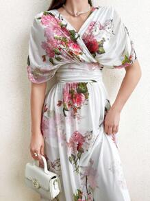 Modelyn Women's Floral Print Batwing Sleeve Dress With Waist Pleats Long Evening Dresses