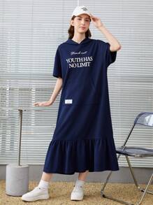 SHEIN Teen Girl Casual Dress With Letter Print, Patch Pocket, Ruffle Trim Hem - Royal Blue - View 5