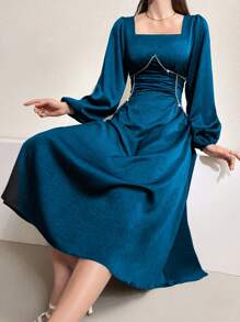 Modelyn Jewel Neck A-Line Dress With Lantern Sleeve And Rhinestone Decorated Waist Maxi Women Outfit - Teal Blue - View 5