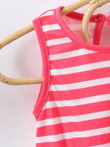 SHEIN Đứa bé gái Sọc In Tương phản Màu sắc Xù Hoa Sen Váy không tay - Màu Hồng  Dưa hấu - Xem 3