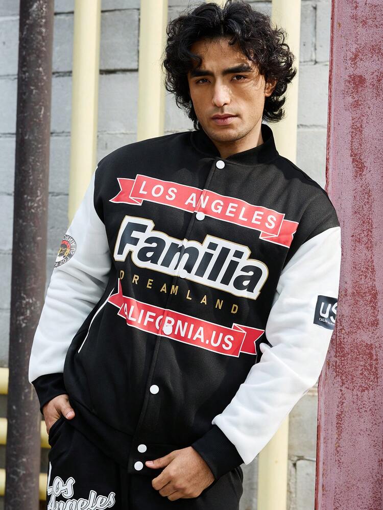 Men's Color Block Letter Print Zipper Jacket For Sports Workout Tops