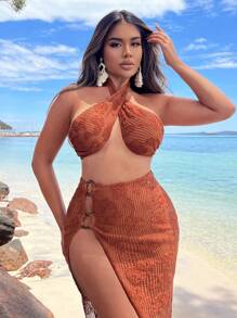 SHEIN SXY Women's Jacquard Cross Halter Crop Top And High-Slit Midi Skirt Set