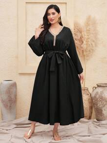 Al Najma Dress With Rhinestone Decorations On The Flared Sleeves - Black - View 1