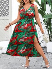 SHEIN VCAY Đầm xẻ tà bên hông in họa tiết nhiệt đới cỡ lớn - Nhiều màu - Xem 5