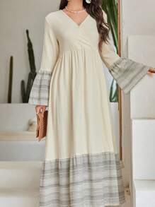 Al Najma Patchwork Striped V-Neck Flare Sleeve Dress - Apricot - View 6