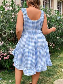 Flirla Plus Size Women's Plaid Sleeveless Dress With Front Tie - Blue - View 2