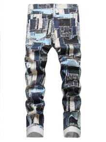 Men's Patchwork Print Casual Jeans - Multicolor - View 2