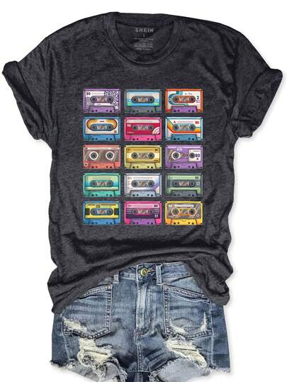 INAWLY Cassette Tape Printed Short Sleeve T-Shirt Graphic Tees Women Tops