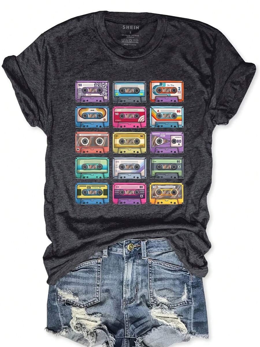 INAWLY Cassette Tape Printed Short Sleeve T-Shirt Graphic Tees Women Tops - Dark Grey - View 1