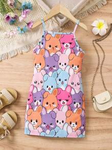 SHEIN Vestido De Tirantes Con Estampado De Conejo De Dibujos Animados Para Niña Pequeña - Multicolor - Ver 2