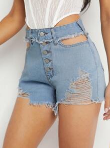 Denimoi Short en jean déchiré à boutons mode avec découpes