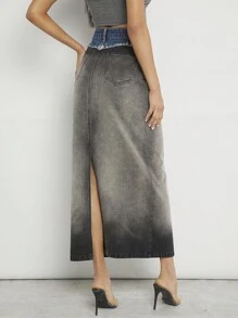 Denimoi Fashion Colorblock Ombre Frayed Denim Skirt - Black - View 5