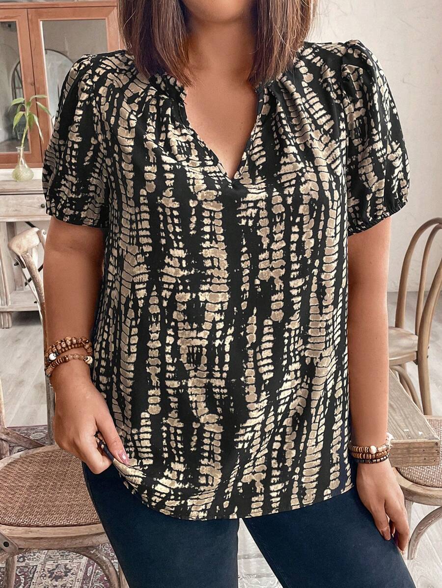 EMERY ROSE Plus Size Random Printed Notch Neck Shirt - Multicolor - View 1