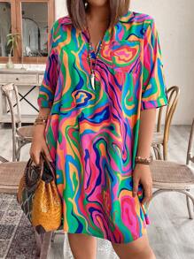 Calvaya Kích thước lớn In Cổ chữ V Ngắn tay Đầm - Màu Hồng Tươi - Xem 5