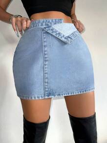 SHEIN SXY Màu thuần Eo không đối xứng & Hông Wrapped Váy Denim , Thích hợp Đối với Âm nhạc Lễ hội - Rửa nhẹ - Xem 4