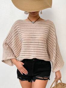 Breezaya Women's Asymmetric Neckline Hollow Out Knit Sweater - Khaki - View 6