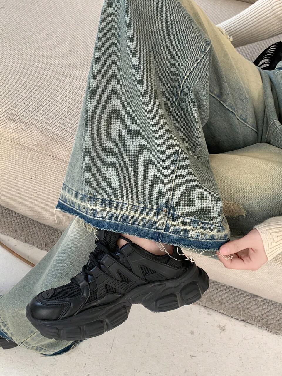 Distressed Wide Leg Jeans, Washed Denim,Baggy Jeans