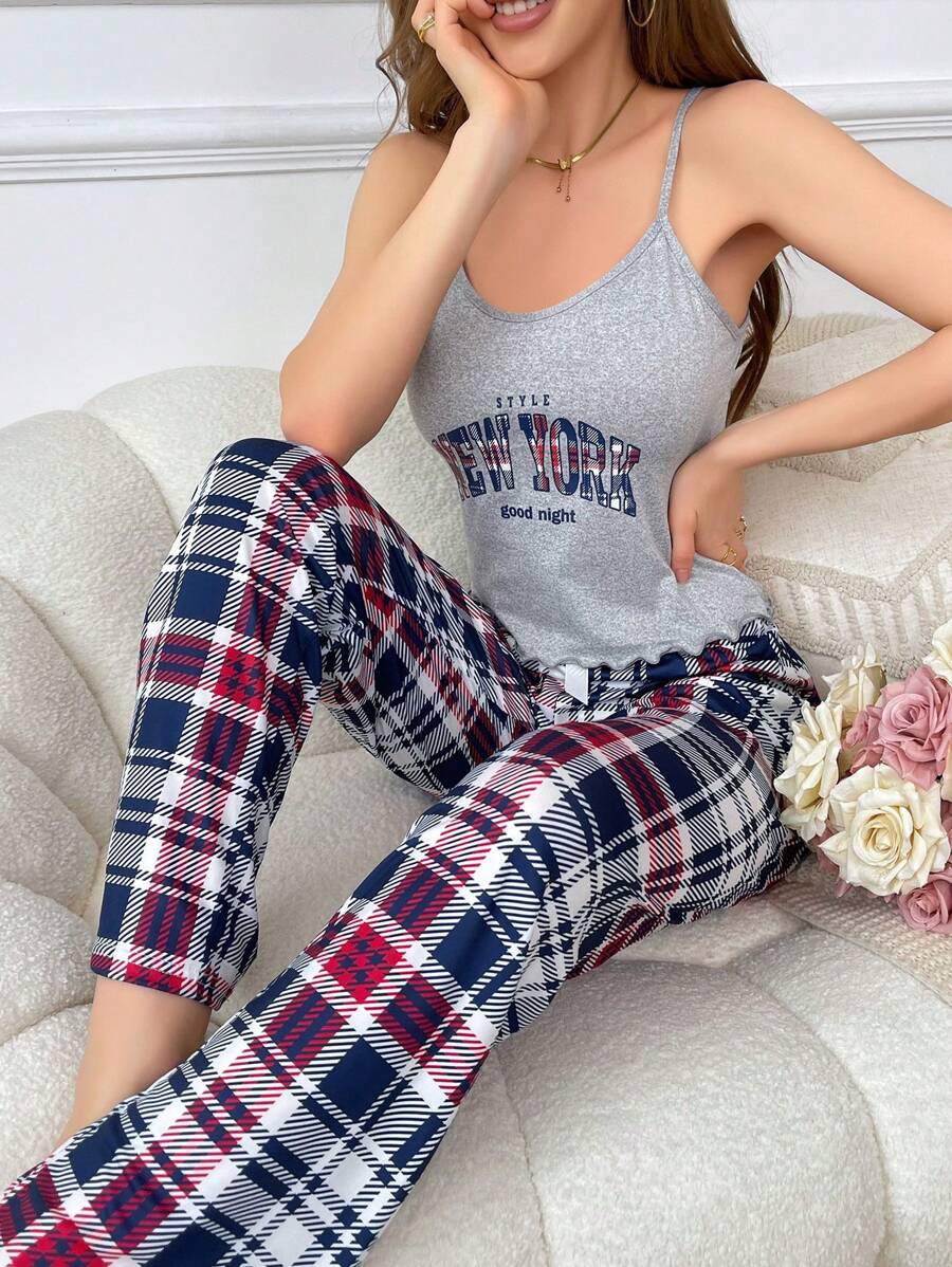 格紋與字母印花女裝睡衣套裝 - 灰色 - 查看 1