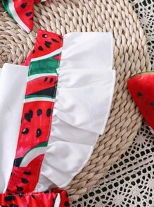 Conjunto de vestido 2 en 1 con volantes en los brazos y estampado de sandía para bebé niña, con diadema - Blanco - Ver 4