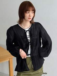 FRIFUL Solid Color Blouse With Diagonal Pocket And Lantern Sleeves Sheer Long Sleeve Top - Black - View 3