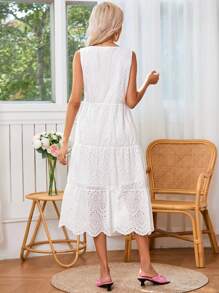 SHEIN VCAY Xu hướng: Cắt giảm Thêu Xù Hoa Sen Váy không tay - trắng - Xem 2