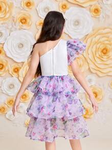 SHEIN 少女可愛斜肩襯衫和裙子兩件套裝 - 紫色 - 查看 6